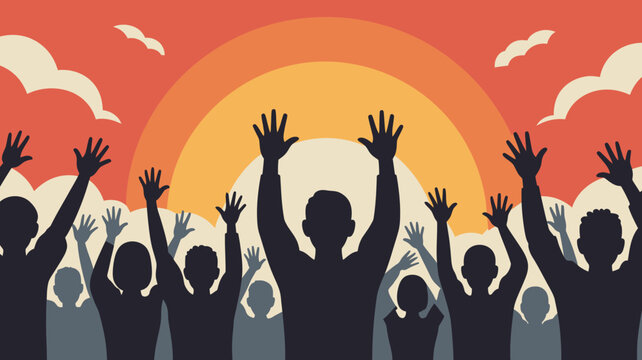emotional cheering crowd silhouette with sunset background people event celebration unity togetherness hope inspiration motivation vector illustration graphic design artwork community