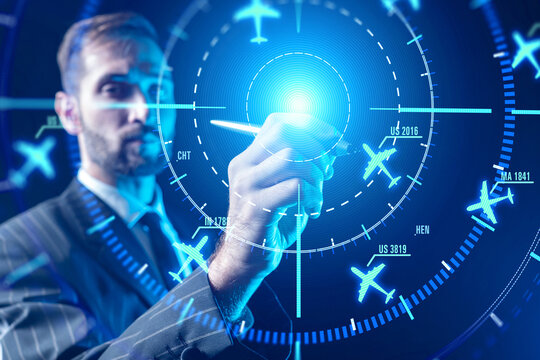 Air traffic control, Aviation specialist manages aircraft routes on digital radar interface for flight navigation and airspace monitoring.