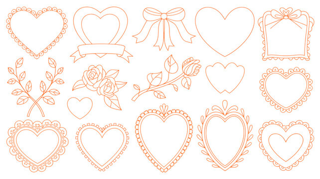heart shapes line art orange outline bow rose frame romantic love symbol pattern design ornament decorative valentine wedding card invitation icon