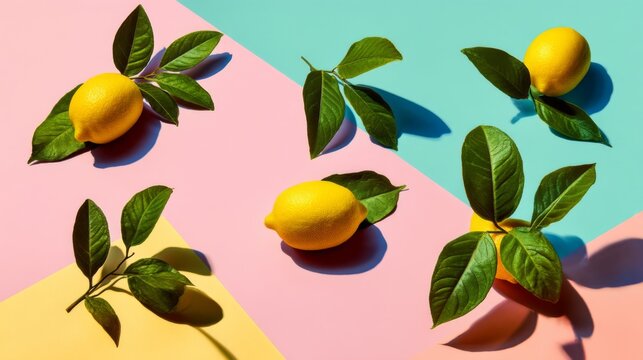 Fresh lemons on colorful backgrounds with green leaves creating a vibrant and cheerful composition for creative projects and food photography needs