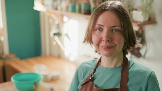 Caucasian potter smiling in workshop, clay specks in hair and on apron, warm sunlight on face, satisfied expression after session, inviting studio atmosphere with bowls and tools on bench