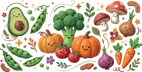 Fototapeta premium Cute Cartoon Vegetable Character Collection with Kawaii Avocado, Broccoli, Pumpkin, Peas, Mushrooms, Onion, Carrots, and Healthy Food Mascots