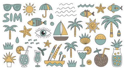 summer themed scrapbook elements vector sunglasses sun umbrella fish palm tree boat cocktail starfish shell pineapple beach vacation travel tropical illustration © Roxxxxxxxxx