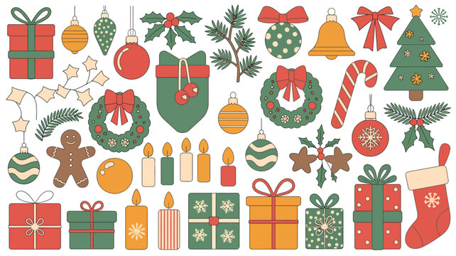 holiday ornaments vector illustration christmas decorations gifts wreath candles gingerbread bell bow holly stocking tree flat design pattern seasonal festive icon