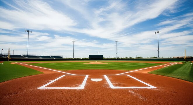 Vibrant green turf meets brown dirt on a pristine baseball diamond featuring home plate and distant stadium seating under a bright blue sky, landscape, professional, dirt