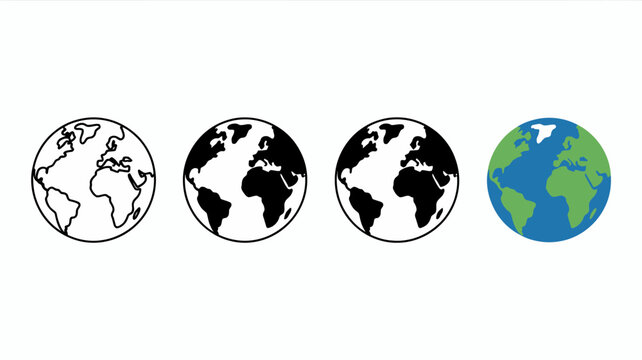 four globes in various styles earth planet world map vector illustration black white colorful geography global international continents oceans simple design