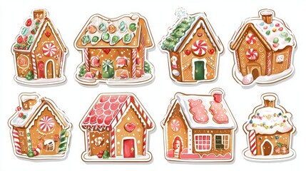 Naklejka premium Design for sticker Gingerbread houses and candy illustration, vibrant colors, Collection of Christmas on white background.