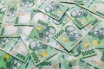 Fototapeta premium Close-up of Pile of 5000 Som Banknotes from Kyrgyzstan