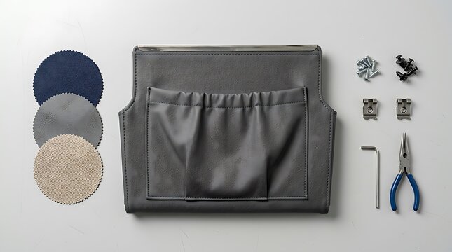 DIY installation kit for an airplane seat pocket organizer featuring fabric swatches, screws, mounting brackets, hex key, and pliers on a gray background.