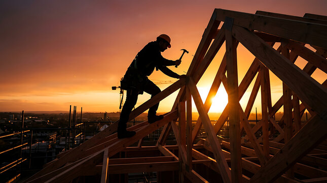 Skilled laborer silhouetted while hammering on a new residential roof truss during a dramatic golden sunset