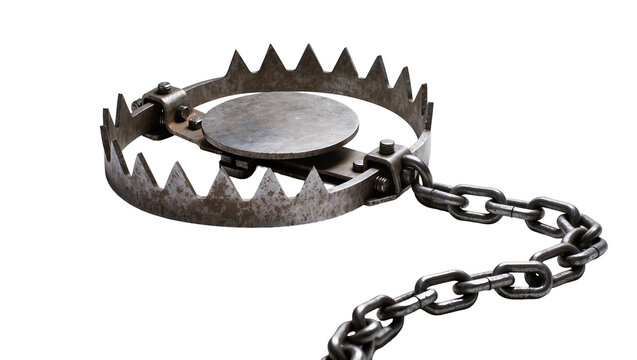 Metal animal trap with sharp teeth and chain, isolated on transparent background