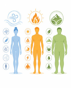 Ayurvedic tridosha infographic vector set &mdash; Vata Pitta Kapha body types illustrated with elemental symbols and characteristics, holistic health diagram