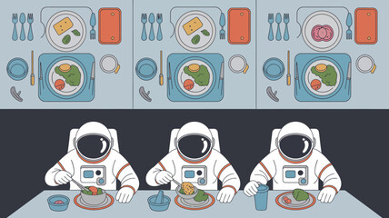astronauts eating meal vector space food dinner illustration cartoon spacecraft crew table plates forks knives spoons vegetables meat dessert science fiction © Roxxxxxxxxx