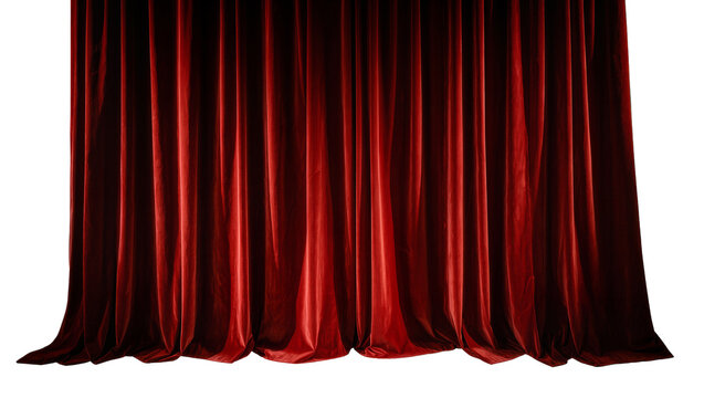 Luxurious red velvet theater curtains draped and folded, isolated on transparent background