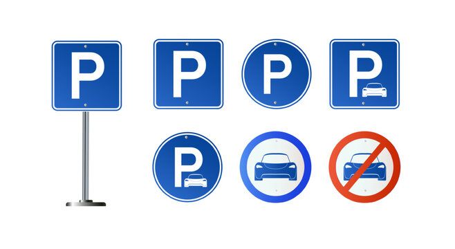 Car parking eco electric icon set. Parking and traffic signs isolated on white background. Map parking pointer. Vector