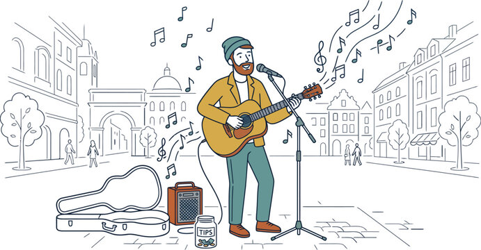 Street musician playing guitar and singing in the city square