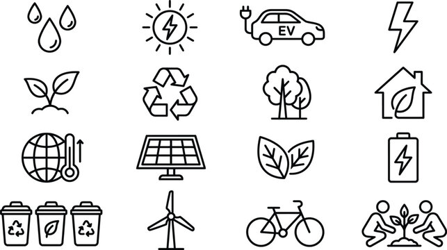 Ecology and green energy line icons set sustainable development, recycling, eco friendly symbols