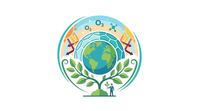 Earth's Layers and Climate Change Concept with Growing Plant and Tiny Person