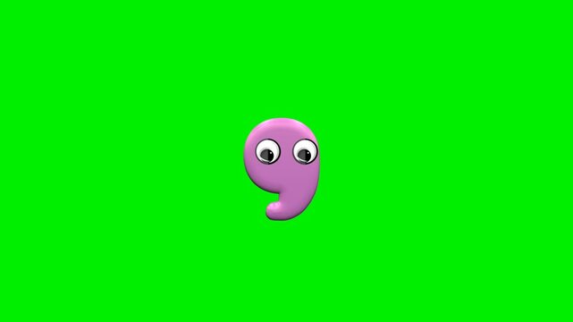 Cute pink 3d comma punctuation mark cartoon character with big eyes on green screen background chroma key for educational video overlay.