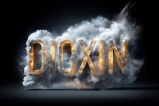 Dynamic 3D rendered word DIOXIN with glowing fiery texture surrounded by thick white smoke and dust on dark background concept of toxic chemical pollution