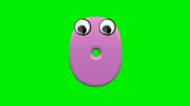 Cute pink 3d number cartoon character collection with big eyes on green screen background chroma key for educational kids video.