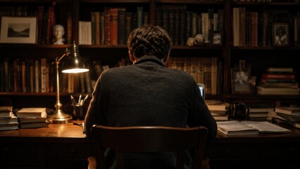 Obraz premium Man sitting at desk with lamp and books in a dark library study setting.