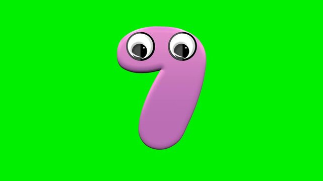 Cute pink 3d number cartoon character collection with big eyes on green screen background chroma key for educational kids video.