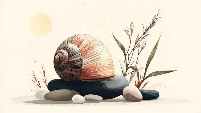 Snail Shell and Stones Vector Illustration on White Background
