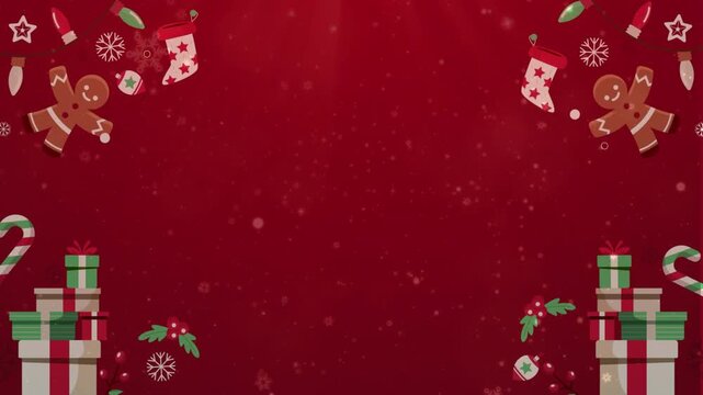 Festive red background decorated with animated Christmas elements like gingerbread men, gift boxes, stockings, and falling snow.