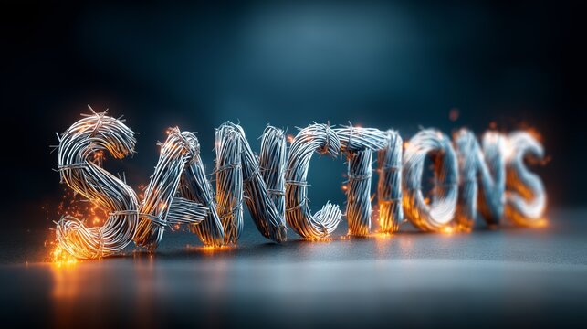 Creative representation of sanctions word made of twisted metal wires glowing with sparks and fiery embers on reflective surface background