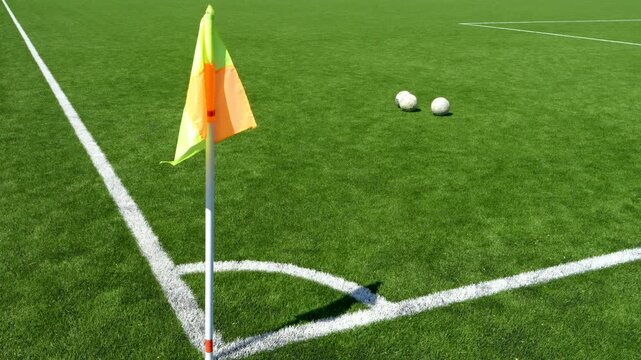 Soccer corner flag with balls on green pitch