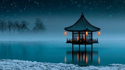Fototapeta premium Floating Lanterns Above a Serene Temple in a Surreal Frozen Landscape with Calm Water Reflection
