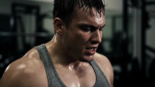 Gym men fitness close-up, gym tough guy screaming close-up