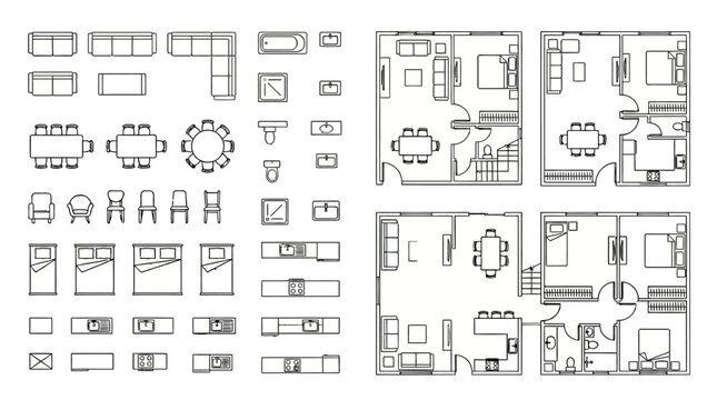 Comprehensive Vector Set of Architectural Floor Plans and Outline Furniture Elements for Interior Design