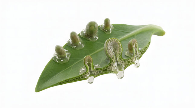 Detailed 3D Scientific Render of Plant Colleters Secreting Sticky Mucilage on a Stipule