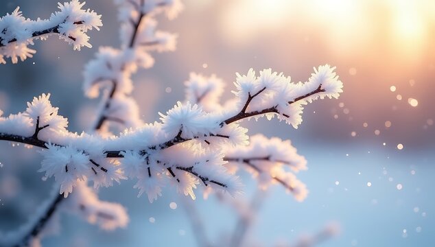 Snow covered tree branches in soft pastel winter landscape with sun