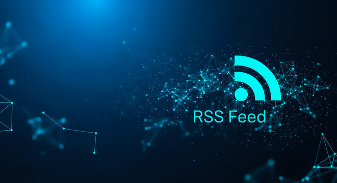 Blue RSS feed icon on a dynamic digital background with network connections and data visualization elements.