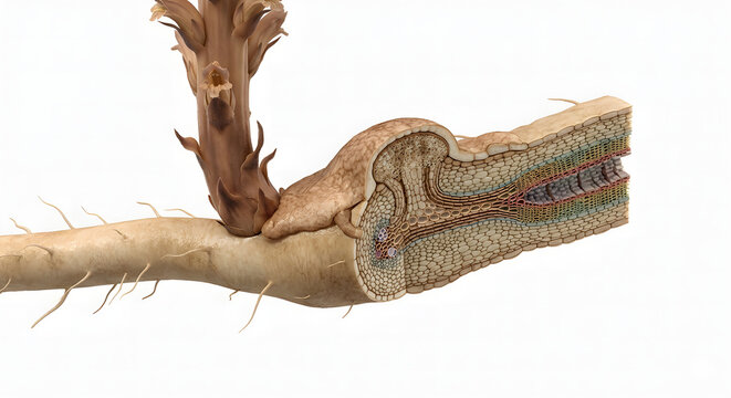 Scientific 3D Cross-Section of Orobanche (Broomrape) Haustorium Penetrating Host Root Anatomy