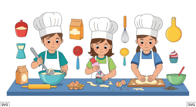 Children Baking Together, Kids Cooking Fun, Making Dough and Decorating Cupcakes