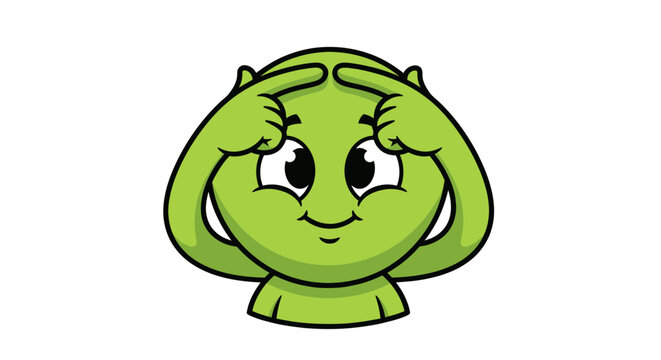 Cute Green Alien Character Thinking with Fingers on Forehead, Cartoon Style