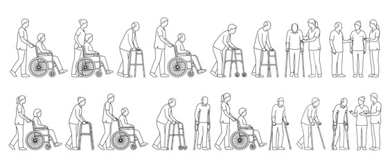 Obraz premium Elderly assistance and mobility aids, a collection of line art illustrations