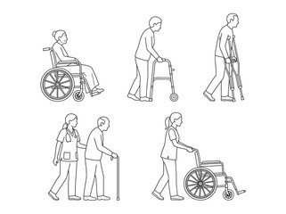 Obraz premium Senior Citizens Mobility and Assisted Living Scenarios Line Art Illustrations Set with Caregivers