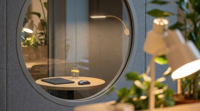 Acoustic focus booth with tablet and glass of water on a wooden table in a modern office setup creative design image