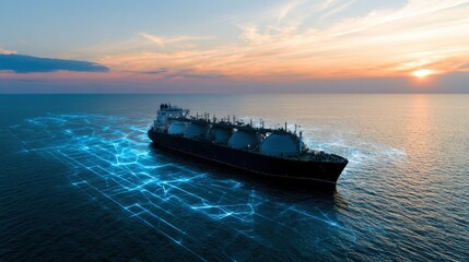 Fototapeta premium Large tanker sailing with digital grid overlay at sunset