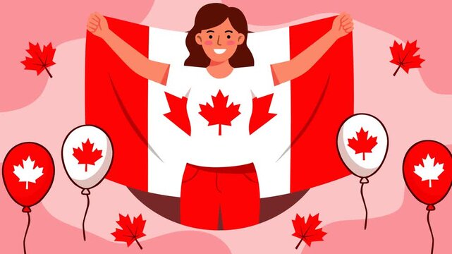 Festive Canada Day scene featuring a smiling woman holding a large Canadian flag, surrounded by maple leaf balloons and decorations. Perfect for holiday greetings, national celebrations, and promotion