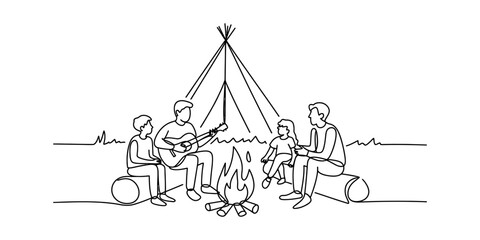 Family sitting around a campfire and tipi, one person playing guitar © Kanu Art_Gallery