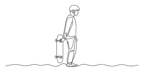Continuous line drawing of a person wearing a helmet and holding a skateboard © Kanu Art_Gallery