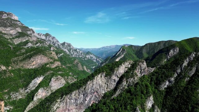 Albanian Mountain tops in the spring, near the Shala River. Shot on a 4k at 60 fps on a DJI Mini 3 Pro in Raw Footage (uncolorgraded), D-Log film