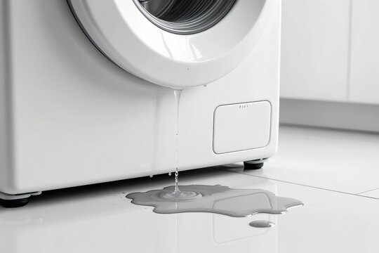 Washing machine leaks water creating a puddle on the floor. Appliance malfunction causes domestic water damage. Requires urgent home repair and cleanup.