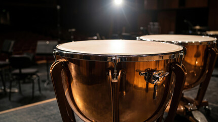 Obraz premium Close up of professional timpani drums on stage, classical orchestral musical instruments, spotlight in concert hall.